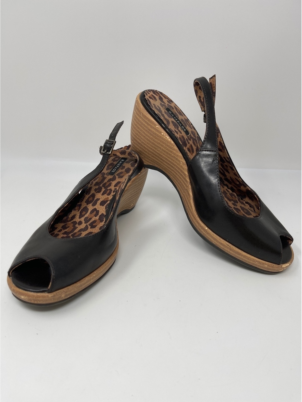 Rampage Vintage Y2K Black Wedge Heels Peep Toe Leopard Print Slingback Shoes 8M